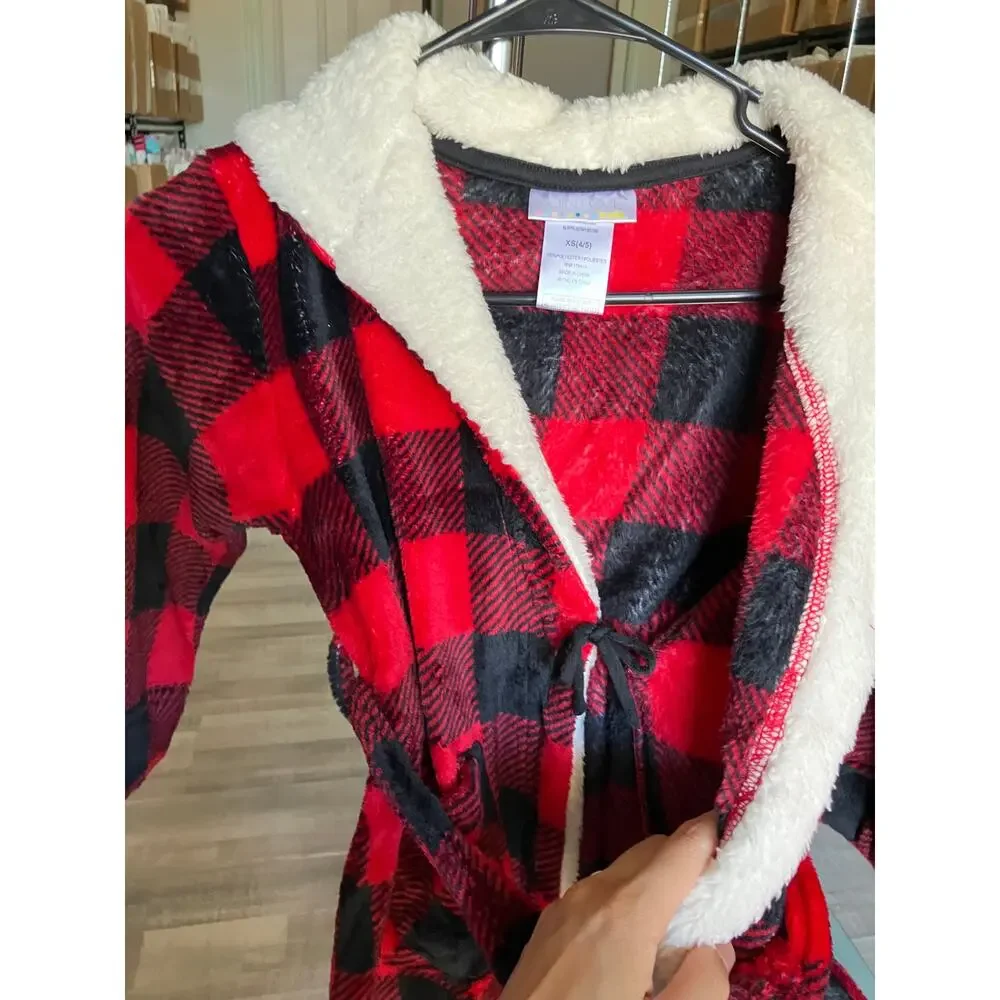 Fleece Long Sleeve Knee Length Robe, Color: Red Plaid Size XS(4/5)